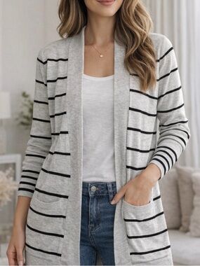 Express Gray and Black Striped Open-Front Cardigan | Size XS